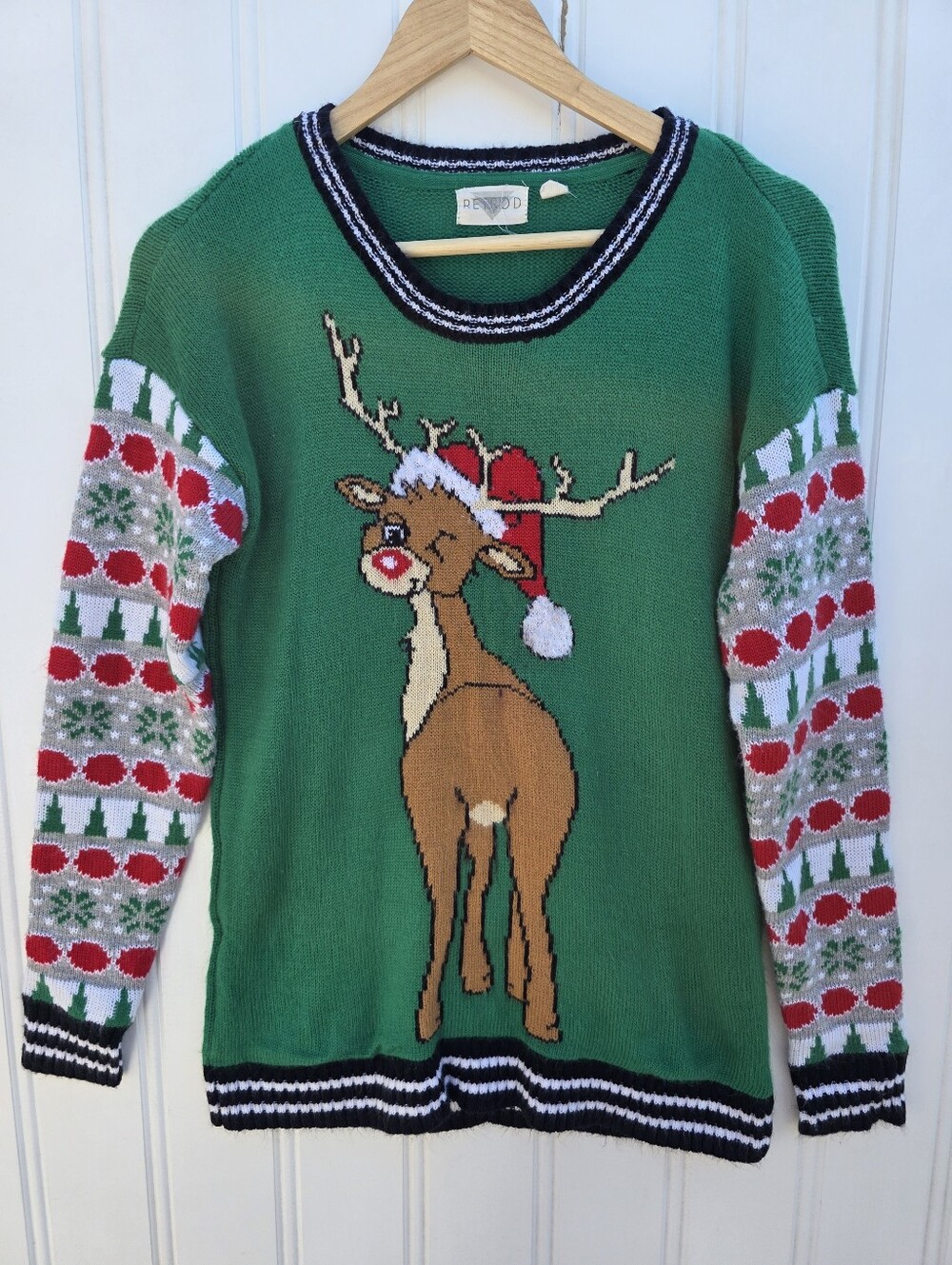 Vintage Retro D Novelty Christmas Holiday Reindeer Knit Sweater Green Medium